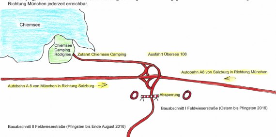 Die Zufahrt ist trotz Umleitugnsbeschilderung von der Autobahn A8 ganz normal und ohne Einschränkung befahrbar., © Chiemsee Camping Rödlgries